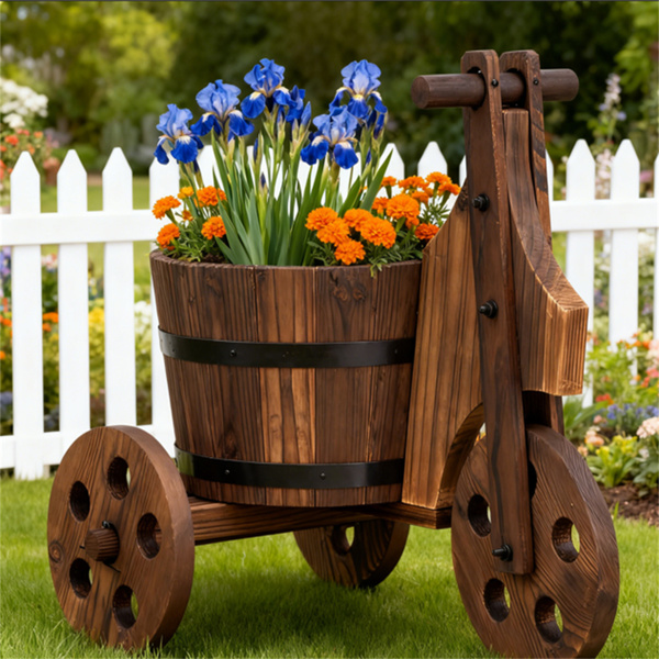 木制花园床农舍式木制植物推车，金属带加固庭院装饰花盆-2