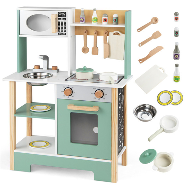 儿童木制游戏厨房，配有13个配件，3人以上带黑板的假装烹饪套装，绿色+白色-1