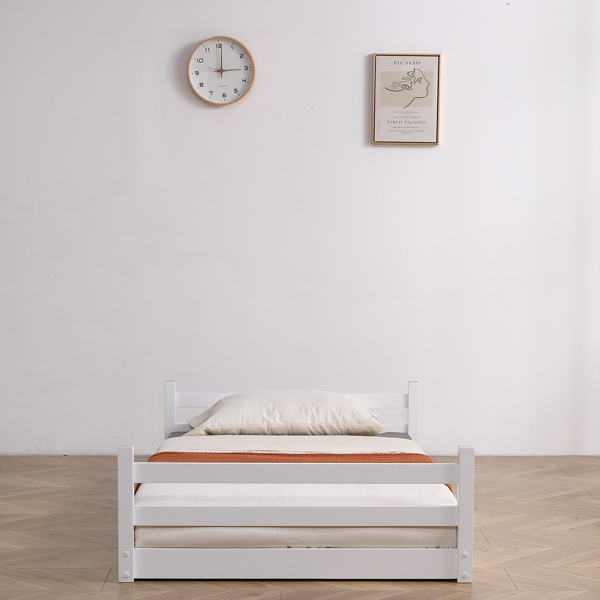 白色 油漆面 松木+胶合板 头尾横撑护栏 Twin 儿童木床 直梯 可拆分成单层床 双层床-49