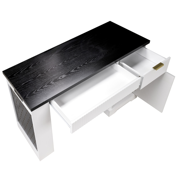 55英寸现代凹槽办公桌，带储物柜和抽屉，电脑书桌，带电源插座、挂板、内置搁板和键盘托盘，适用于书房、客厅、家庭办公室，白色-26