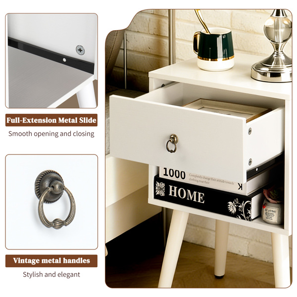 白色 P2刨花板+实木腿 贴麻面三胺 拉环拉手 38*30*55cm 一抽带下隔层 床头柜 1PC-2