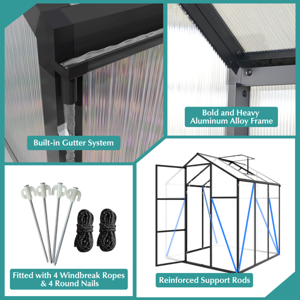 新款上市的增高型防风铝合金温室，尺寸为 6x6 英尺，采用聚碳酸酯面板，配备加高底座和地锚，是一款坚固耐用的步入式温室，适合四季户外庭院使用。--不支持self-pick up且不支持指定仓库发货-5