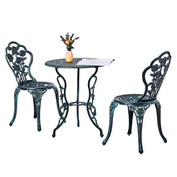 2pcs单人椅和1pc圆桌 玫瑰花型 铜绿色 铸件套装-1