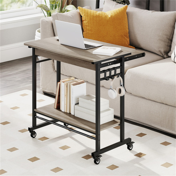 灰色移动电脑桌，带键盘托盘和储物架，360°可锁定脚轮，适用于家庭办公室-9