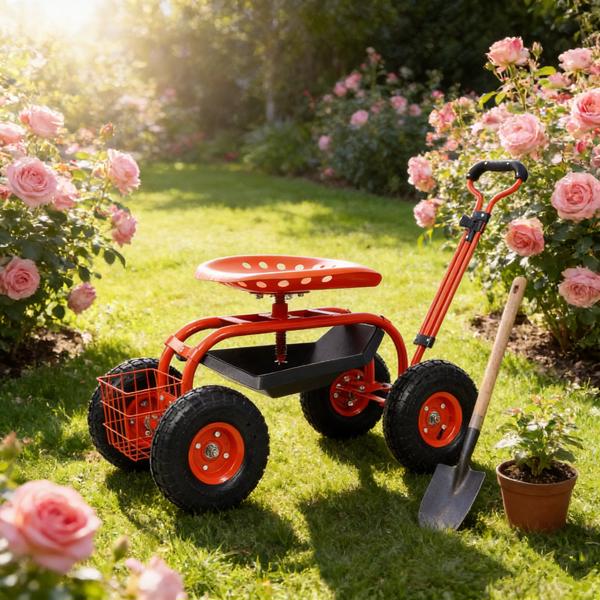 花园推车滚轮滑板车，可调节高度重型滑板车，带4轮可伸缩手柄的滚轮花园推车，带360度座椅和工具托盘的花园凳推车（红色）--不支持self pick up且不支持指定仓发货-8