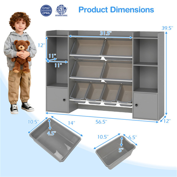 灰色儿童玩具收纳柜，配备8个储物箱，防倾倒设计，开放式货架，可存放3年以上-3