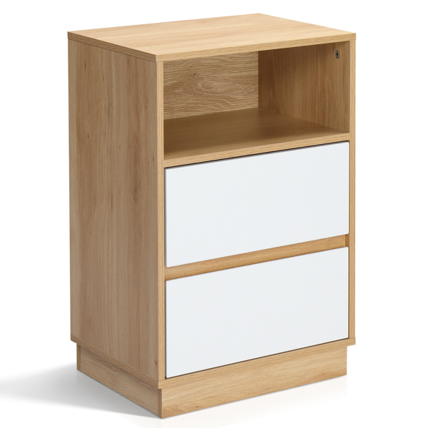 白色+橡木色 P2刨花板 贴麻面三胺 抽屉斜封边 40*30*60cm 两抽带上隔层 床头柜 1PC-18