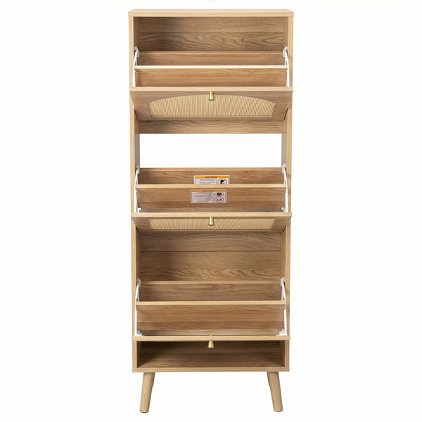 藤面3翻斗 鞋柜 刨花板 54*24*135 cm  原木色-3