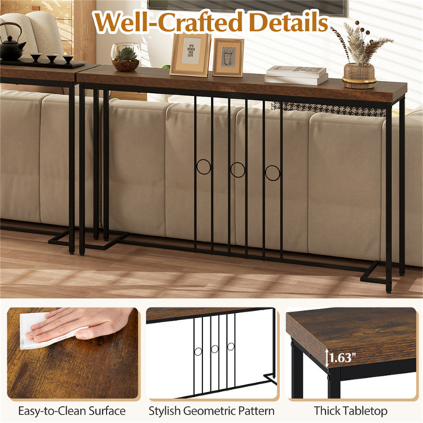 带乡村木台面的工业沙发桌，55英寸窄控制台桌，容量175磅-9