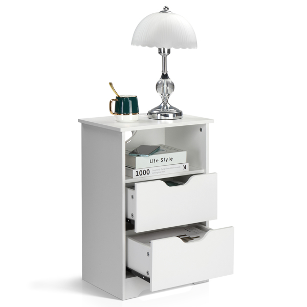 白色 P2刨花板 贴麻面三胺 无拉手 40*30*60cm 两抽带上隔层 床头柜 带欧规电源 1PC-30