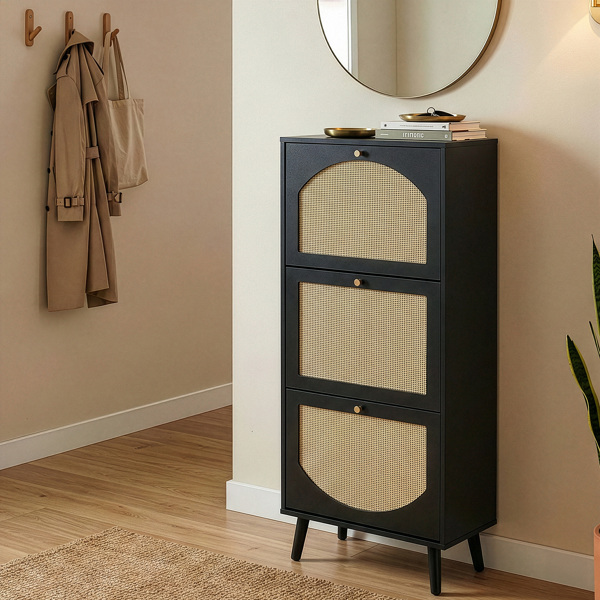 藤面3翻斗 鞋柜 刨花板 54*24*135 cm  黑色-6