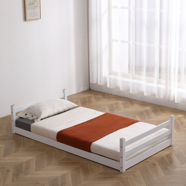 白色 油漆面 松木+胶合板 头尾横撑护栏 Twin 儿童木床 直梯 可拆分成单层床 双层床-46