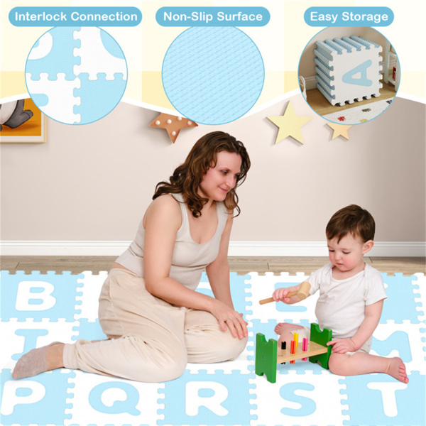 26PCS ABC字母EVA泡沫游戏垫，31.75×31.75×1.02cm不含双酚A防滑地砖，10个月以上，蓝色+白色-7