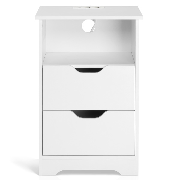 白色 P2刨花板 贴麻面三胺 无拉手 40*30*60cm 两抽带上隔层 床头柜 带欧规电源 1PC-20