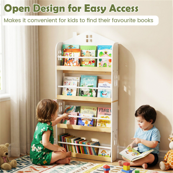 4层房屋形儿童书架，60.96×15.24×129.54 cm正面书架，带3年以上防倾倒套件，白色和天然色-6