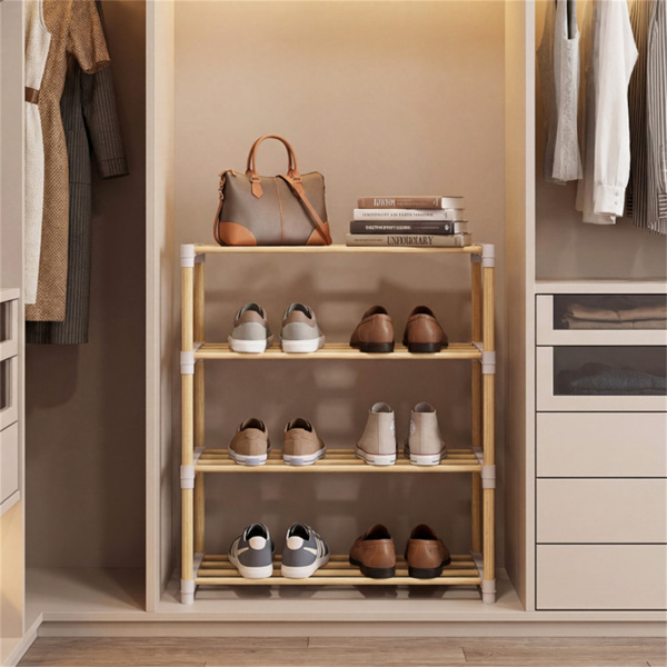 4层实心松木鞋架可堆叠设计，每架33LBS通风板条架，自然+灰色-6