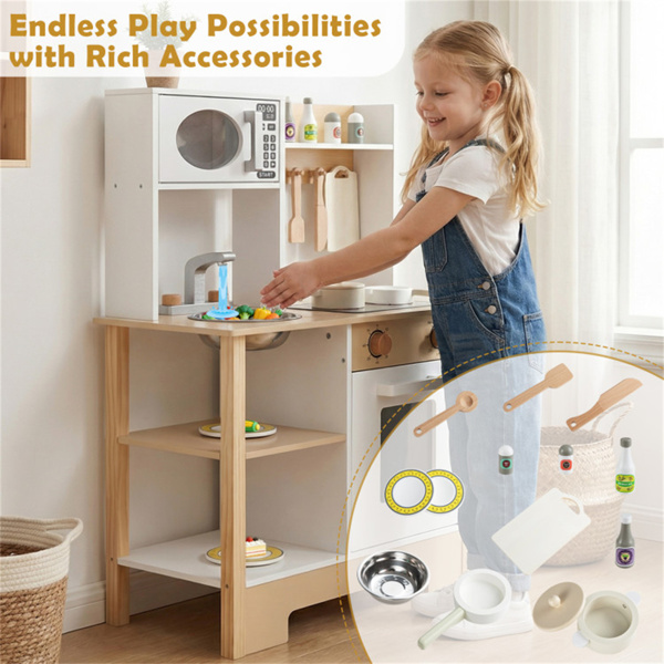 儿童木制游戏厨房，配有13个配件，3人以上带黑板的假装烹饪套装，白色+自然色-10