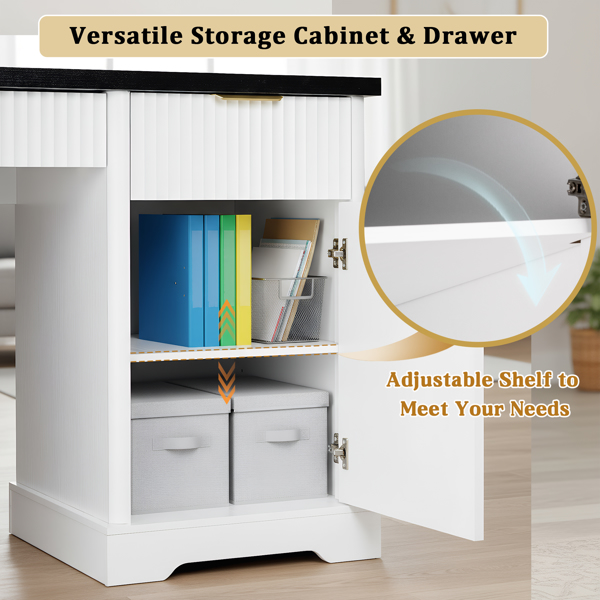 55英寸现代凹槽办公桌，带储物柜和抽屉，电脑书桌，带电源插座、挂板、内置搁板和键盘托盘，适用于书房、客厅、家庭办公室，白色-14