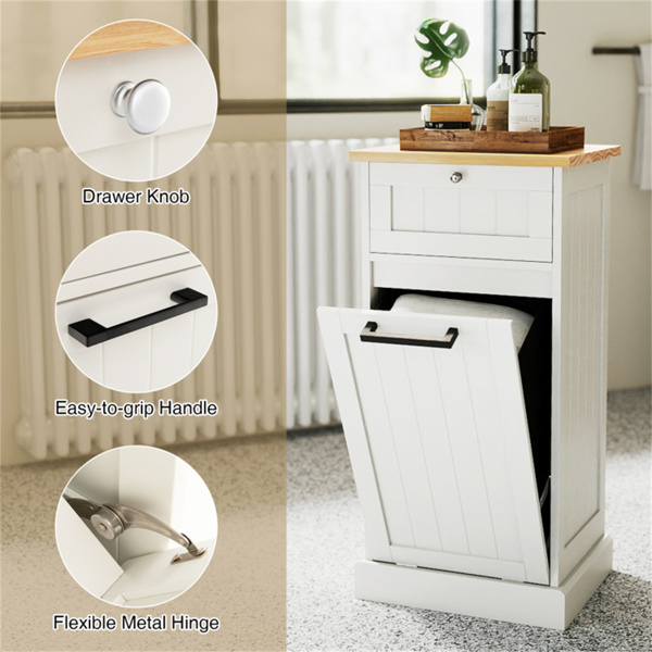 倾斜式洗衣篮柜竹质MDF 10Gal带抽屉防倾倒装置白色+天然-10