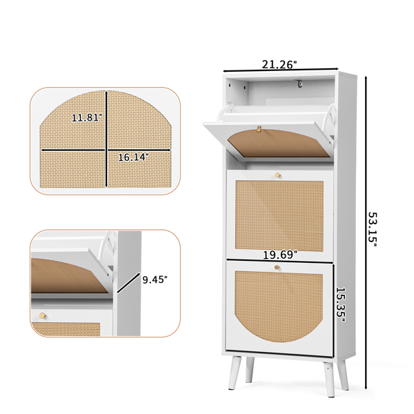 藤面3翻斗 鞋柜 刨花板 54*24*135 cm  白色-5