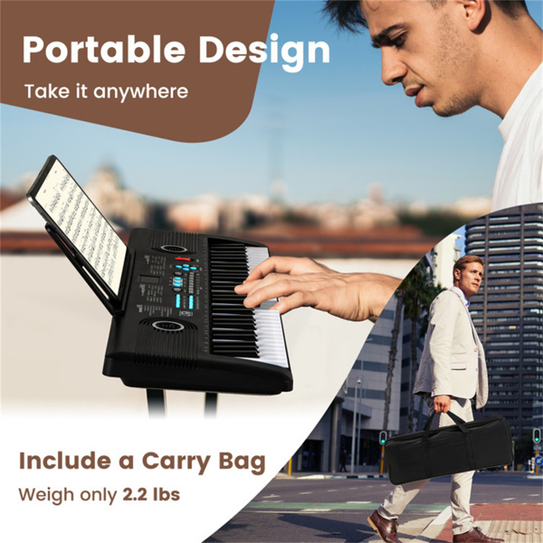 61键便携式电子键盘，适合初学者，58.42×17.78×5.08厘米数字钢琴，带100个节奏/音色和全套配件，黑色-3