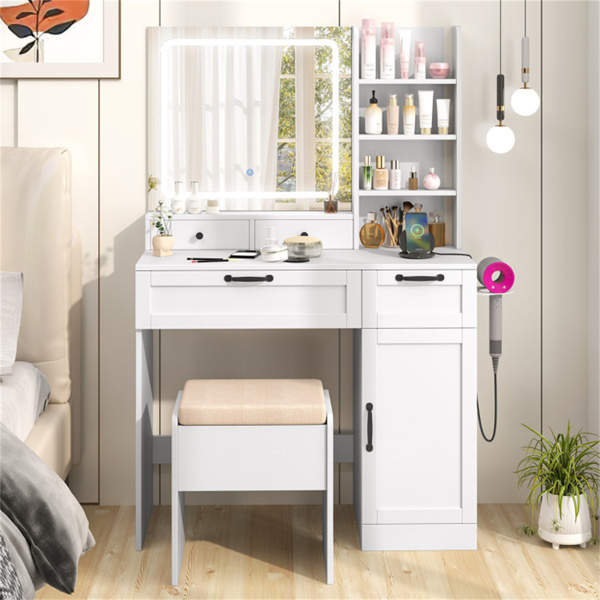 多功能梳妆台，带吹风机架，储物凳化妆台，适合家庭美容组织者-6