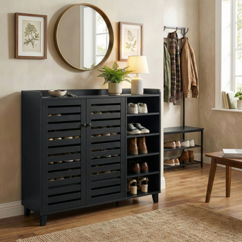 2门带5个开放格桌面带挡板 鞋柜 密度板 116*35.5*107cm 黑色