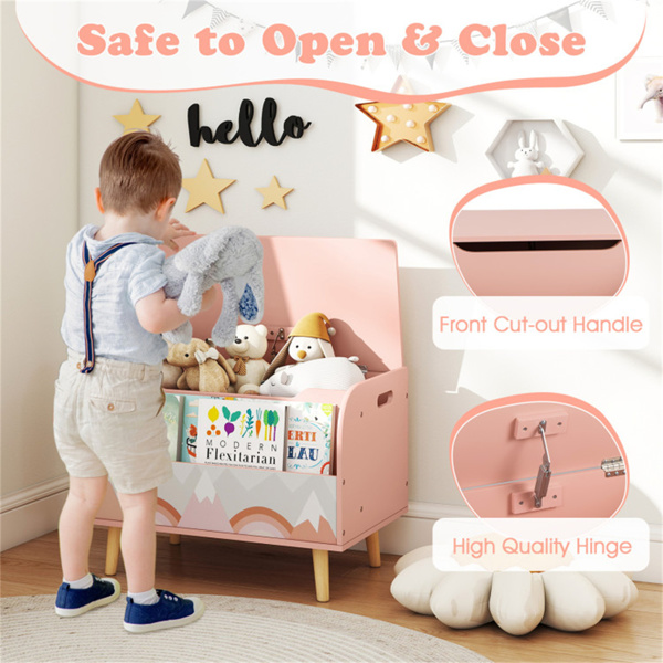 2合1儿童玩具收纳架，带书架，59.69×40.64×43.18厘米松木玩具箱，可存放3年以上，粉红色-10