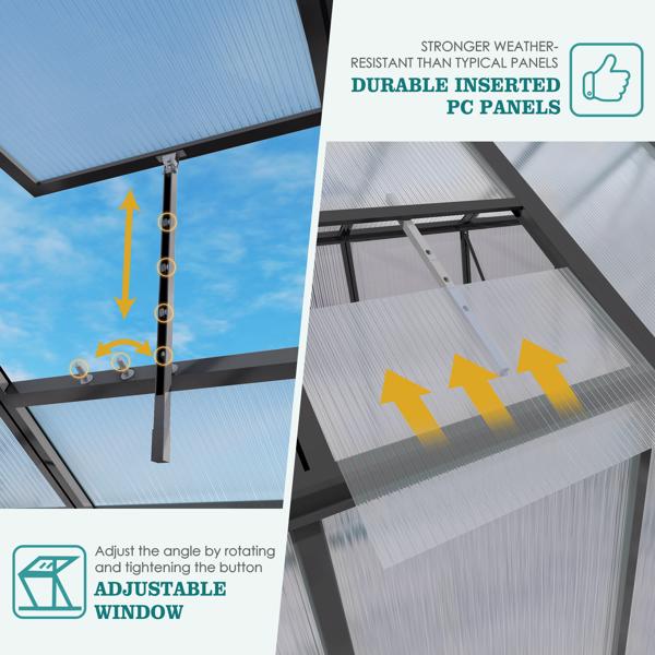 新款上市的增高型防风铝合金温室，尺寸为 6x6 英尺，采用聚碳酸酯面板，配备加高底座和地锚，是一款坚固耐用的步入式温室，适合四季户外庭院使用。--不支持self-pick up且不支持指定仓库发货-10