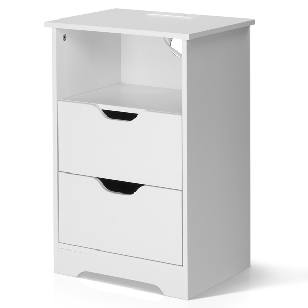 白色 P2刨花板 贴麻面三胺 无拉手 40*30*60cm 两抽带上隔层 床头柜 带欧规电源 1PC-32