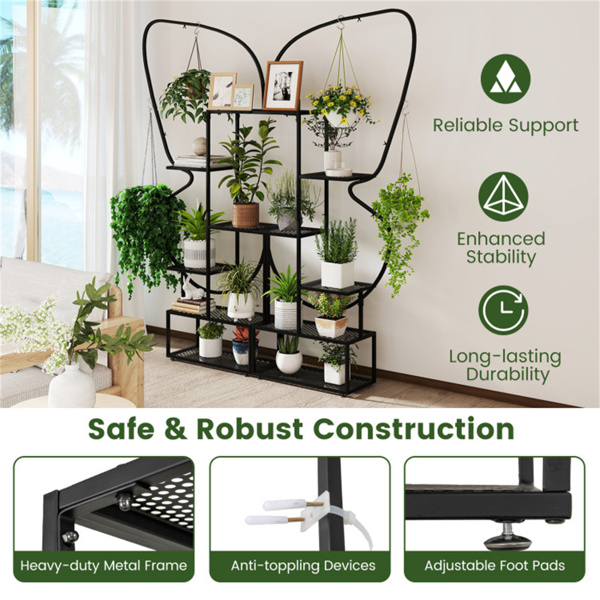 6层蝴蝶形金属植物支架，2件套，带挂钩，可调节脚垫，黑色-8