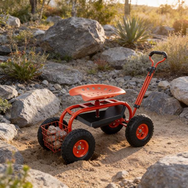 花园推车滚轮滑板车，可调节高度重型滑板车，带4轮可伸缩手柄的滚轮花园推车，带360度座椅和工具托盘的花园凳推车（红色）--不支持self pick up且不支持指定仓发货-10