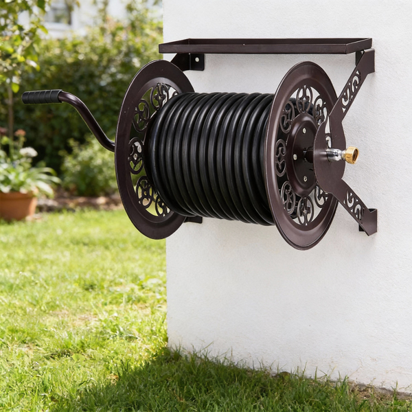 173FT  75*45*44CM 壁挂式水管卷盘 棕色 铁 复古花纹-9