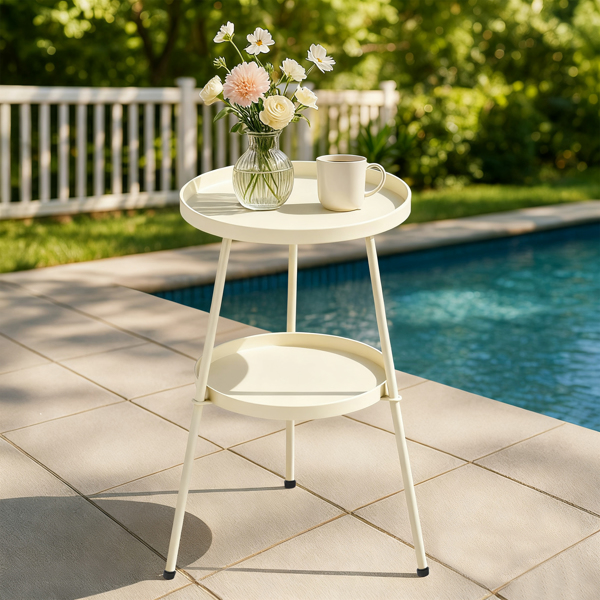 38.5*38.5*51cm 梯形 奶油白色 双层圆盘 庭院铁边桌-6