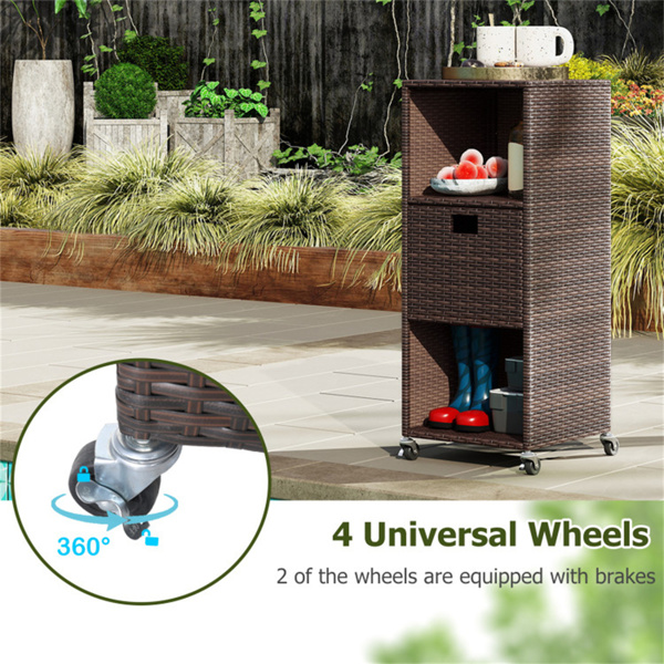 混合棕色PE藤条户外储物柜，3架，带可拆卸抽屉和可锁轮子-7