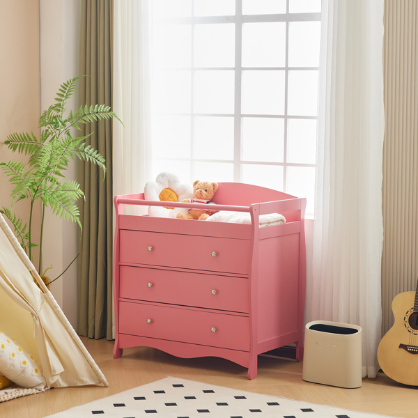 粉色 油漆面 密度板 三层抽屉  90.5*58*92cm 儿童木床 带安全带 换尿布台 婴儿-6