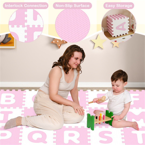 26PCS ABC字母EVA泡沫游戏垫，31.75×31.75×1.02cm不含双酚A防滑地砖，10个月以上，粉色+白色-4