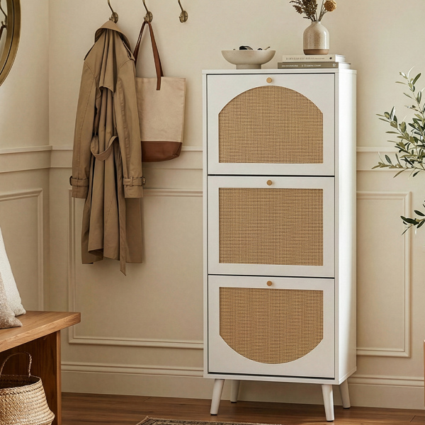 藤面3翻斗 鞋柜 刨花板 54*24*135 cm  白色-9