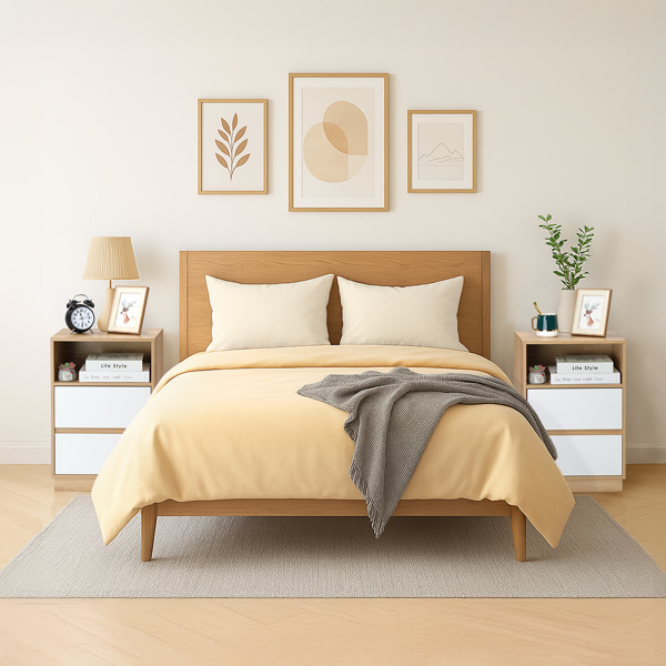 白色+橡木色 P2刨花板 贴麻面三胺 抽屉斜封边 40*30*60cm 两抽带上隔层 床头柜 1PC-9