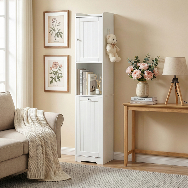 白色 刨花板三胺贴面 竖纹 40*40*180cm 1门+带无纺布收纳袋下翻门抽 浴室立柜-5