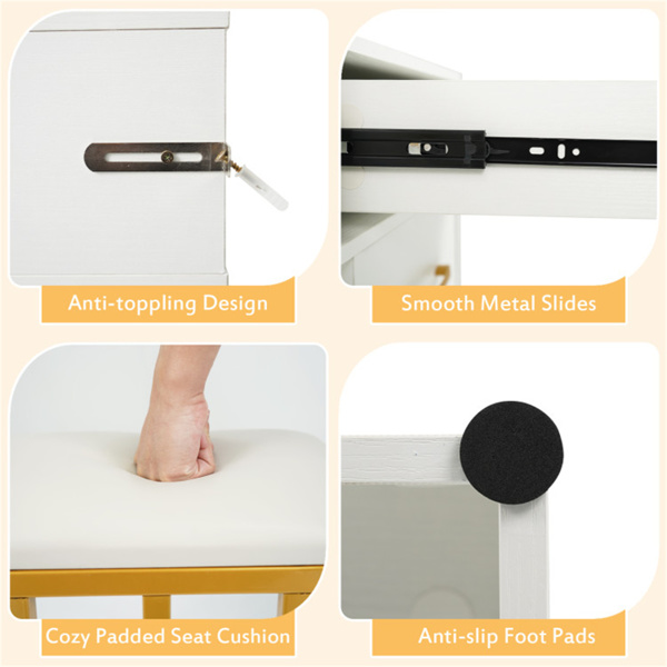 白色梳妆台，带27英寸×20英寸LED照明镜子充电站凳子8个储物空间-7