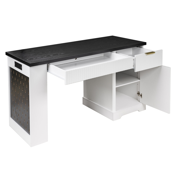 55英寸现代凹槽办公桌，带储物柜和抽屉，电脑书桌，带电源插座、挂板、内置搁板和键盘托盘，适用于书房、客厅、家庭办公室，白色-21