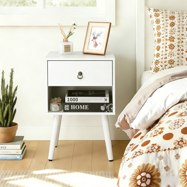 白色 P2刨花板+实木腿 贴麻面三胺 拉环拉手 38*30*55cm 一抽带下隔层 床头柜 1PC-7