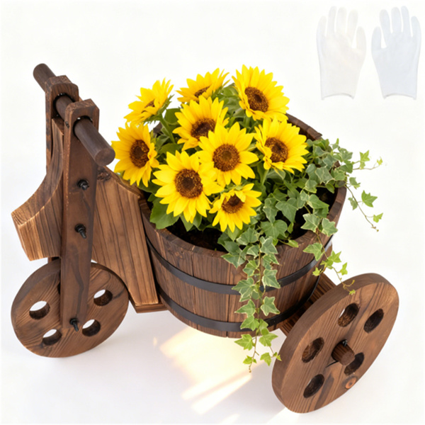木制花园床农舍式木制植物推车，金属带加固庭院装饰花盆-5