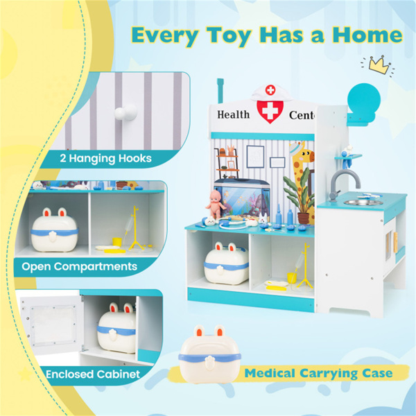 木制儿童医生医疗站游戏机，93.98×54.61×99.06cm 27件带心电图监测仪的医疗工具，适用于3-6年，蓝色+白色-8