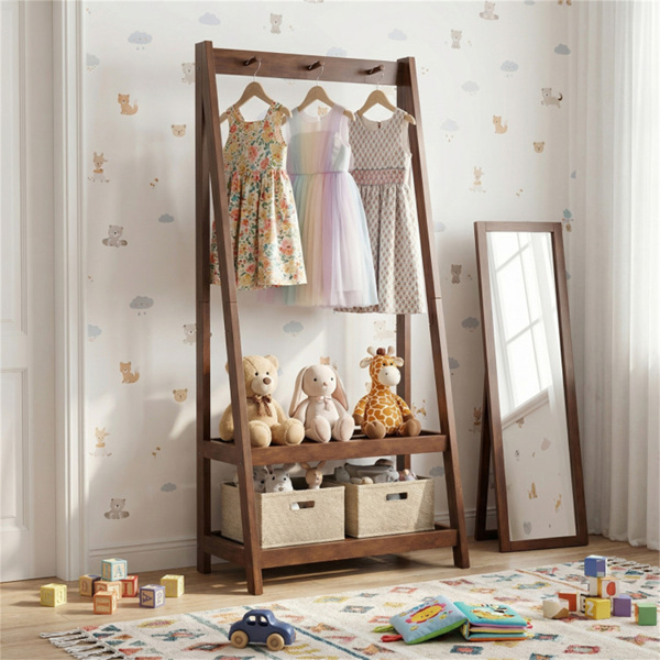 100%实心橡胶木独立衣架，A形框架稳定衣架，带3个挂钩和2个架子-9