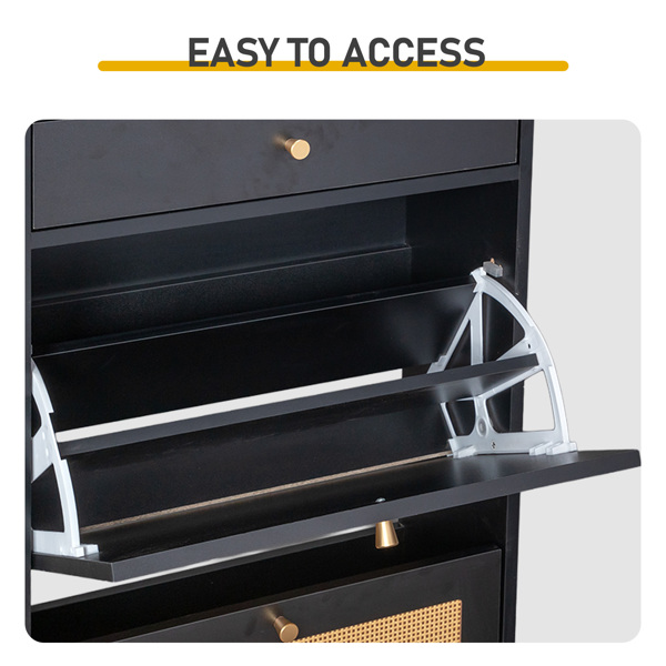 藤面1抽2翻斗 鞋柜 刨花板 54*24*110cm 黑色-4