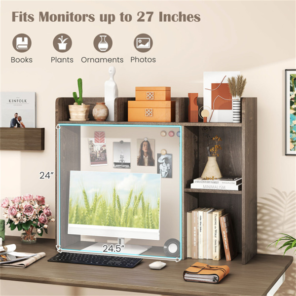 橡木色桌面书架，适用于27英寸/68.58厘米显示器，93.98×25.40×73.66厘米工程木桌把手，带防倾倒套件，容量100磅-9