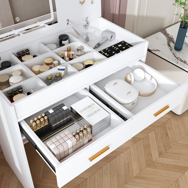 翻盖式梳妆台，带LED照明镜子和内置电源插座 - 化妆桌，配有两个抽屉、开放式储物空间和首饰挂钩（不含凳子，白色）不支持self-pick up且不支持指定仓库发货-12