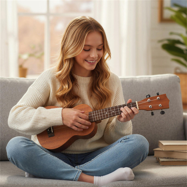 21英寸实心桃花心木Ukulele，配有15:1专业调音器，适合初学者的完整入门套件-2